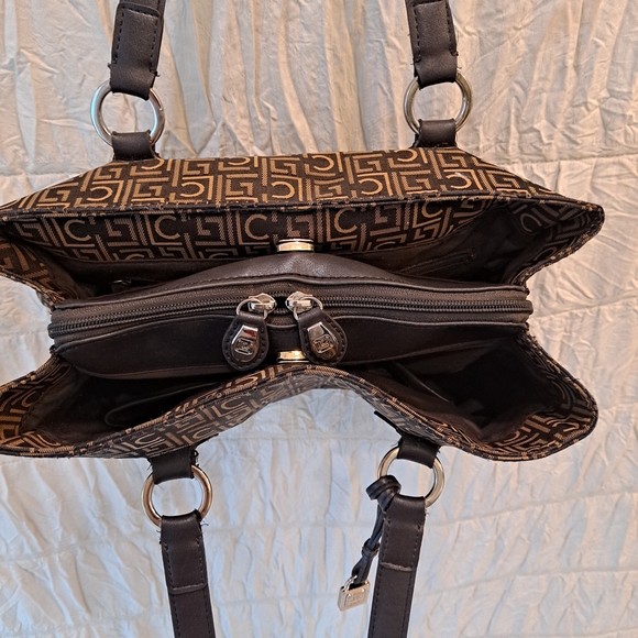 Liz Claiborne Vintage Cotton Canvas Fabric Tan Brown Monogram Shoulder Satchel - Picture 7 of 15